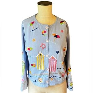Michael Simon Lite Baby Blue Embroidered Cotton Button Front Beachy Top Sz S